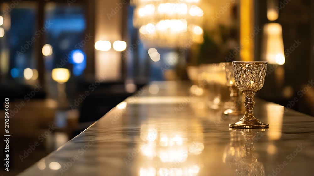 Poster Elegant Table Setting with Glittering Crystal Glasses Illuminated by Soft Lighting : Generative AI