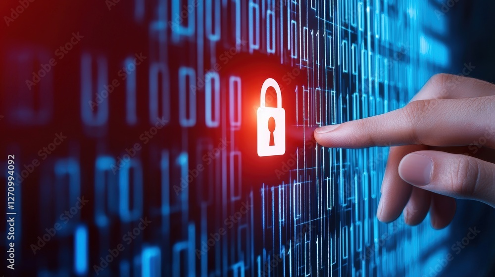 Poster a hand pressing a glowing red lock icon against a backdrop of blue binary code, symbolizing cybersec