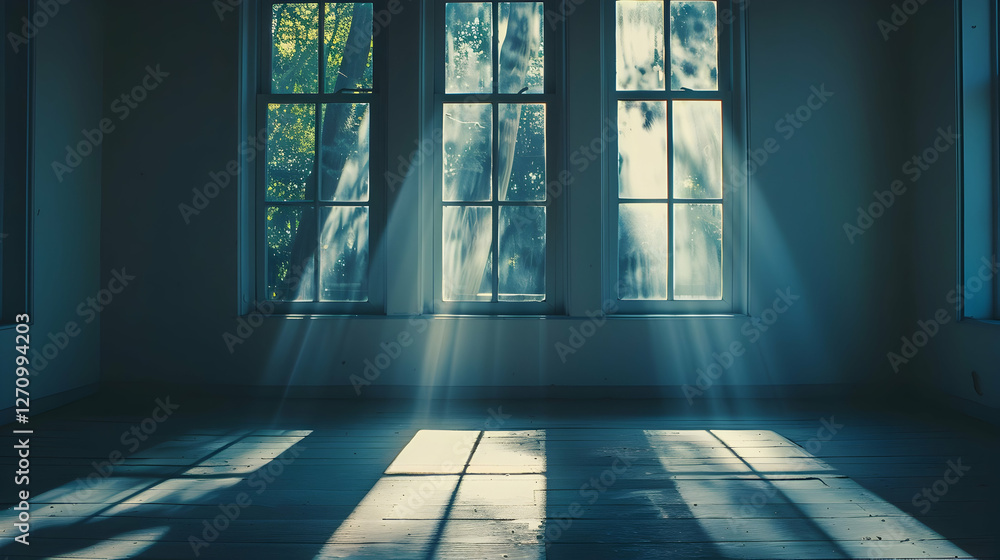 Aufkleber sunlight streaming through large windows in an empty room, creating a serene atmosphere
