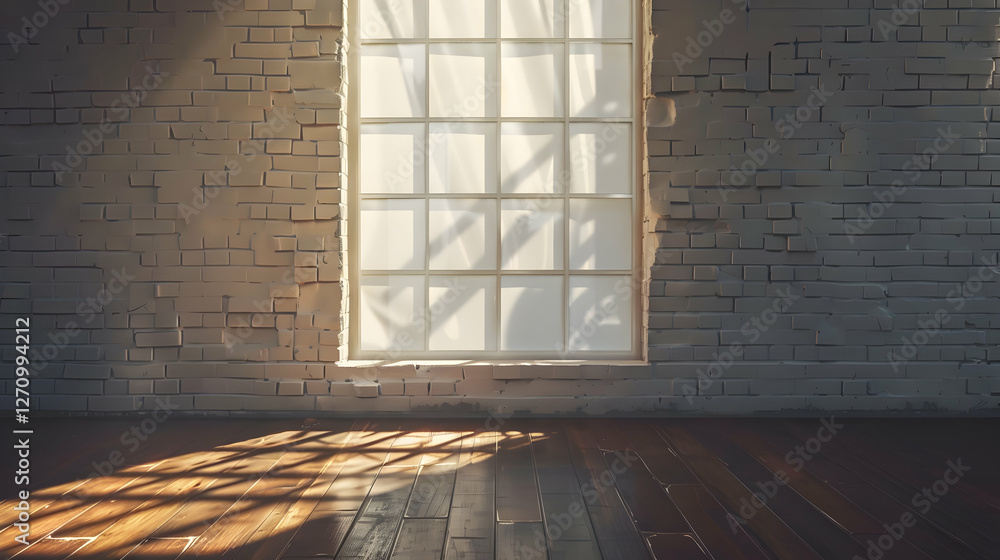 Poster Sunlight streaming through a large window, casting shadows on a rustic wooden floor in an empty room