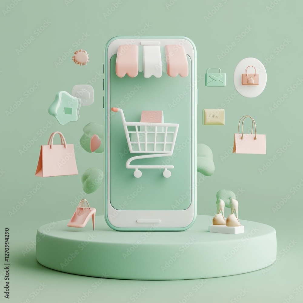 Poster mobile phone displaying shopping cart icon surrounded by 3d rendered shopping items on a green backg