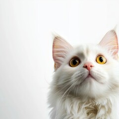 Fototapeta premium A Majestic White Cat with Striking Yellow Eyes Gazing Upwards with Curiosity and Graceful Poise in a Cozy Home Environment Full of Warmth