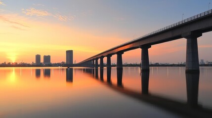 Fototapeta premium Long Bridge at Sunset Over Calm River with City Reflections