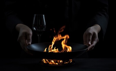 Chef's hands presenting flaming dessert dish with wine glass.