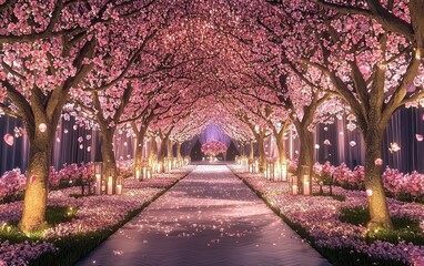 Naklejka premium 1. Natural outdoor lighting Cherry blossom trees in full bloom with petals falling