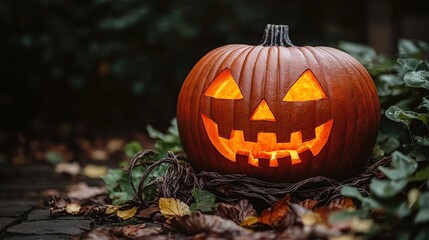 Intricately carved pumpkin with glowing face illuminating a spooky halloween night scene