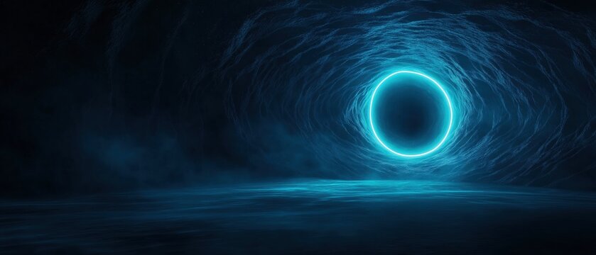 Digital illustration of a dark tunnel with a bright blue circle in the center.
