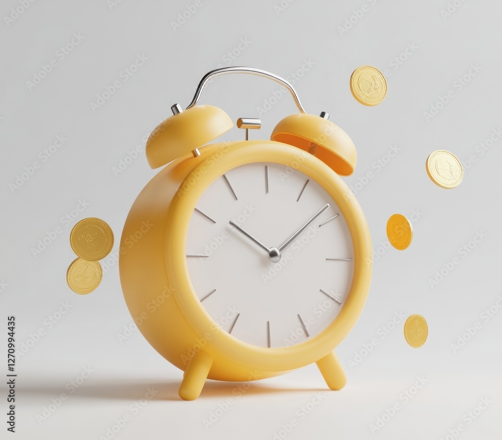 Poster yellow alarm clock with gold coins floating around it, representing the value of time and money.