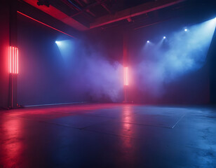 The dark stage shows, an empty dark blue, purple, and red background, neon light, The asphalt floor and the studio room with smoke floating up the interior texture,  concert stage lights