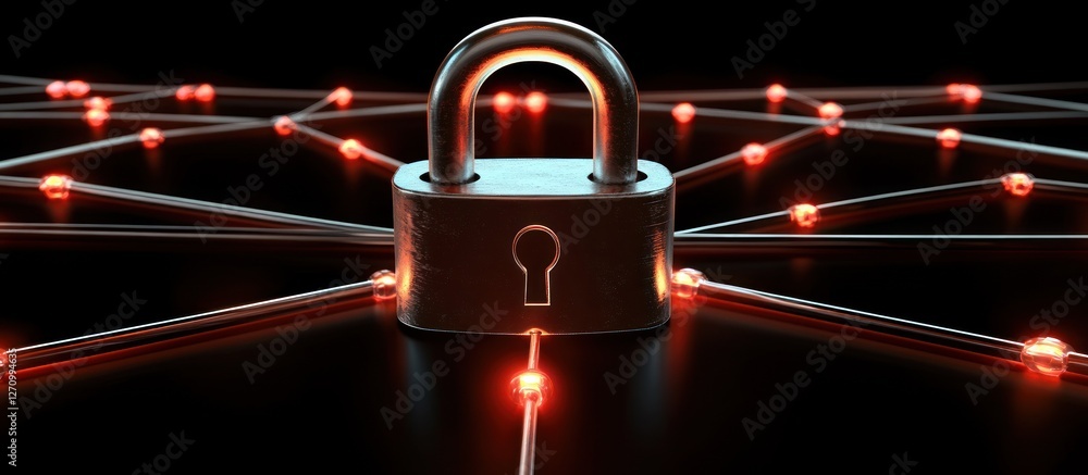 Poster padlock secured in a network of glowing red nodes.