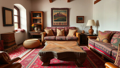 A warm living room featuring rustic ethnic decor including patterned cushions and furniture, a carved wooden coffee table, and traditional artwork. The inviting space highlights a mix of comfort and c