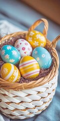 beautiful painted Easter eggs in a basket on a wooden table