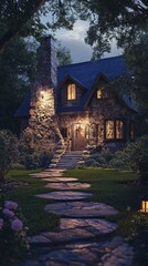 Fototapeta premium Cozy stone cottage illuminated at dusk with a pathway, surrounded by lush gardens and trees