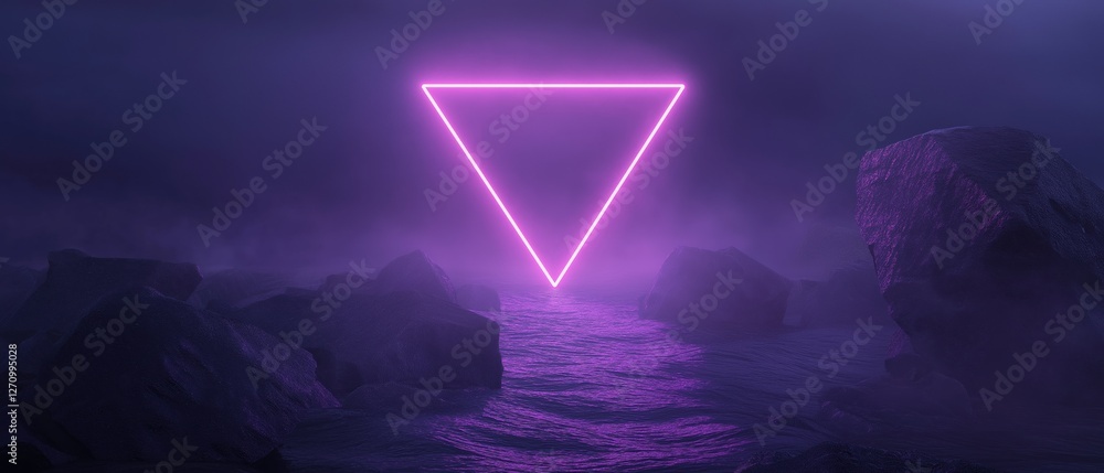 Poster 3d rendering of a dark and mysterious landscape with a large rock formation in the foreground. the r