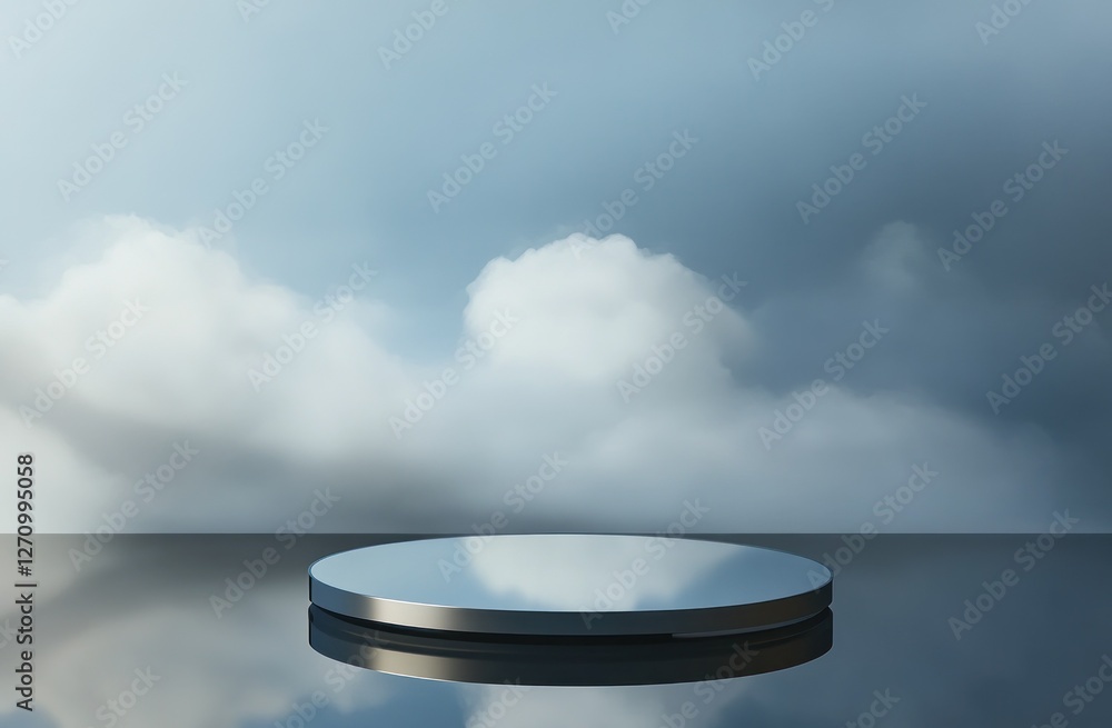 Poster minimalist metallic platform reflecting on a glossy surface against a cloudy sky backdrop.