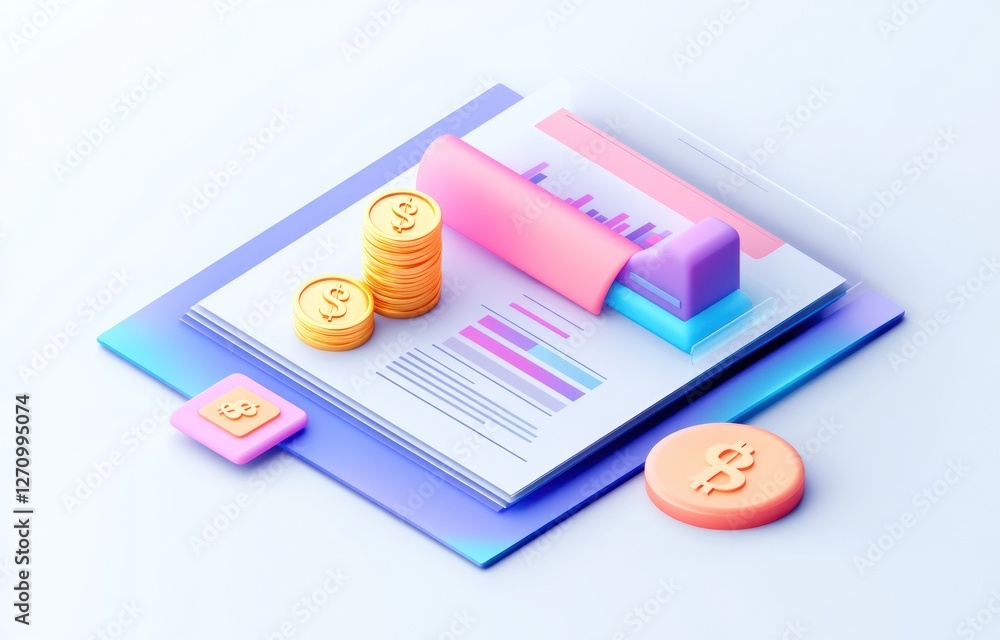 Aufkleber 3d rendering of financial report with coins and charts showing growth and profit.