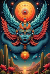 Fototapeta premium Mythical figure with wings and cosmic elements in desert landscape