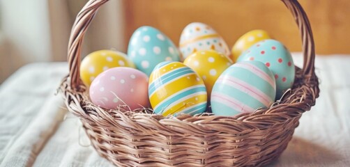 beautiful painted Easter eggs in a basket on a wooden table