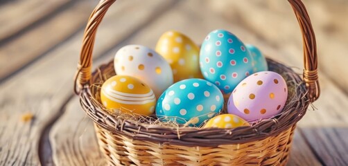 beautiful painted Easter eggs in a basket on a wooden table