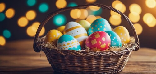 beautiful painted Easter eggs in a basket on a wooden table