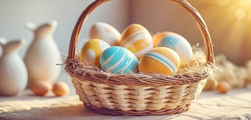 beautiful painted Easter eggs in a basket on a wooden table