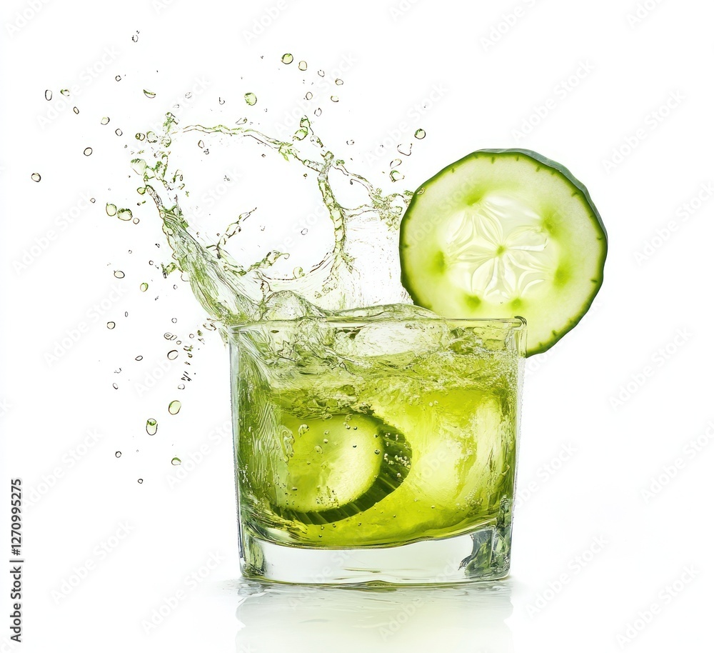 Poster refreshing cucumber drink splashing in a glass with ice cubes and cucumber slices.