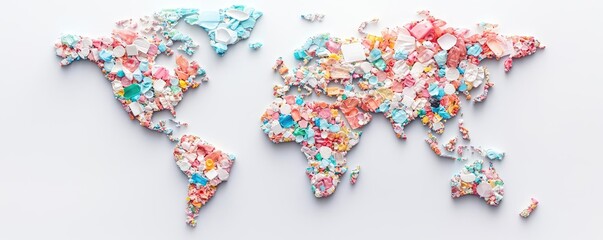 Plastic pollution concept. Colorful map made of paper cutouts showcasing global diversity and creativity.