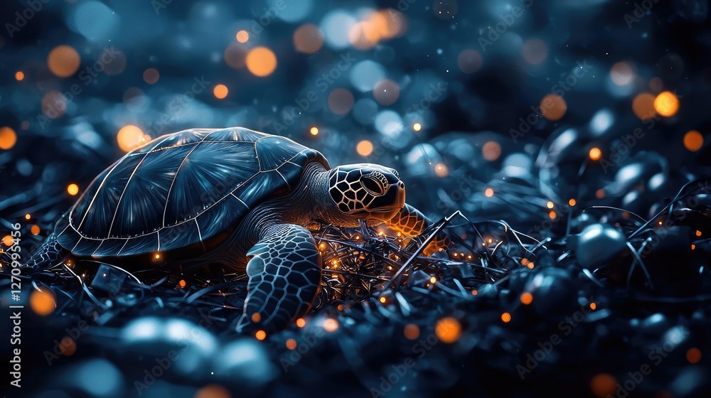 Aufkleber plastic pollution concept. a serene sea turtle moves through a magical underwater environment with g