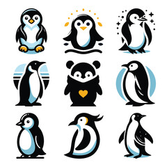 Penguin silhouette vector set icon clipart illustration & drawing