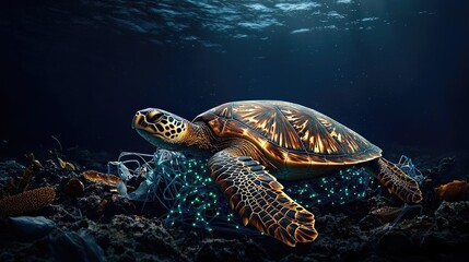 Fototapeta premium Plastic pollution concept. A serene underwater scene featuring a turtle gracefully swimming among ocean debris.