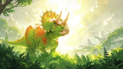 A vibrant dinosaur in a lush, sunlit forest, showcasing prehistoric life.