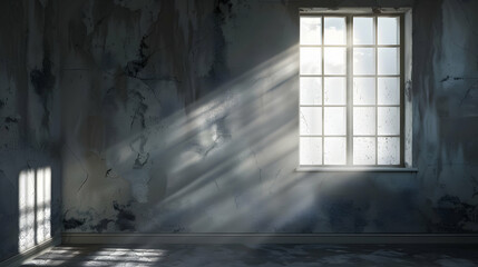 Sunlight streaming through a dusty window in a dilapidated room with peeling walls