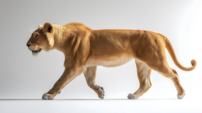 Majestic lioness wild animal predator feline big cat wildlife nature powerful walking hunting dangerous african safari mammal natural profile isolated on white background - Powered by Adobe