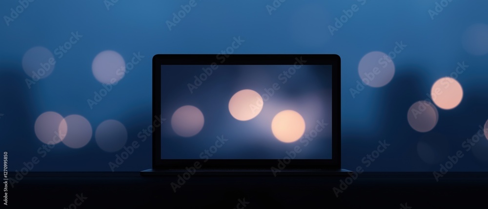 Aufkleber laptop computer sitting on a dark surface with a blue background. the laptop is in the center of the