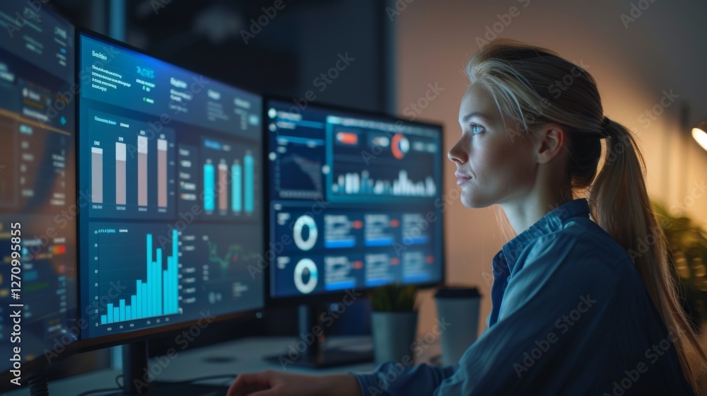 Aufkleber In a contemporary office setting, a dedicated data analyst is intensely focused on analyzing various digital dashboards and statistical reports displayed on multiple computer screens, late at night.