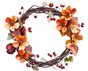 handwoven grapevine wreath adorned with vibrant orange flowers and berries, perfect for autumn decor. This beautiful piece adds warm touch to any space