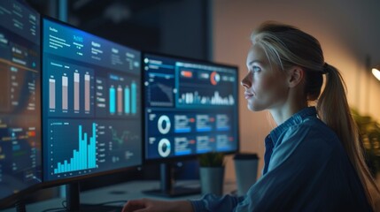 In a contemporary office setting, a dedicated data analyst is intensely focused on analyzing various digital dashboards and statistical reports displayed on multiple computer screens, late at night.