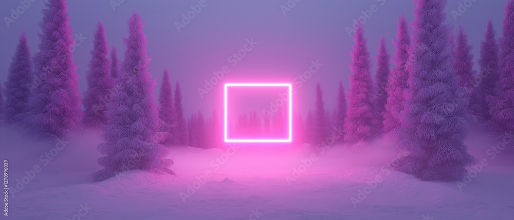 Poster digital illustration of a snowy landscape with tall trees on either side. the trees are covered in a