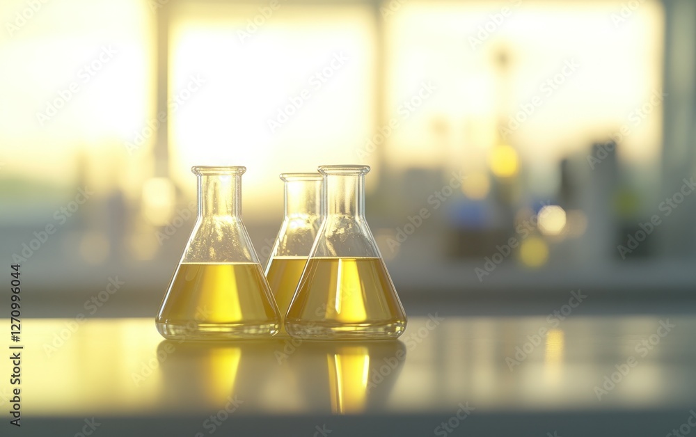 Poster three erlenmeyer flasks containing yellow liquid sit on a lab bench in a brightly lit laboratory.
