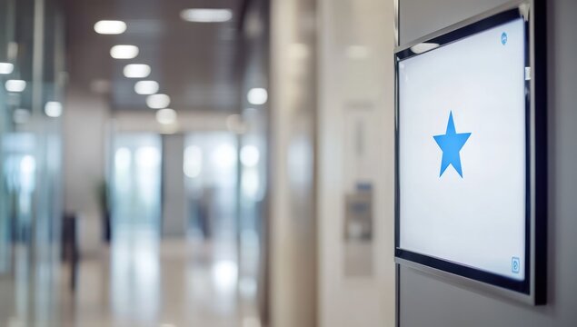 Modern office hallway with a digital display showing a blue star.