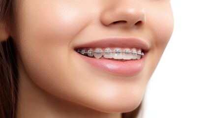Fototapeta premium Elegant Close-up of a teenage girl smiling, proudly showing her braces. Ideal for dental care, orthodontics, youth, smiles, and teen health related promotions.