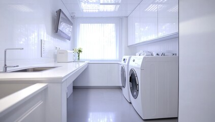 Modern white laundry room with washer, dryer, sink, and counter.