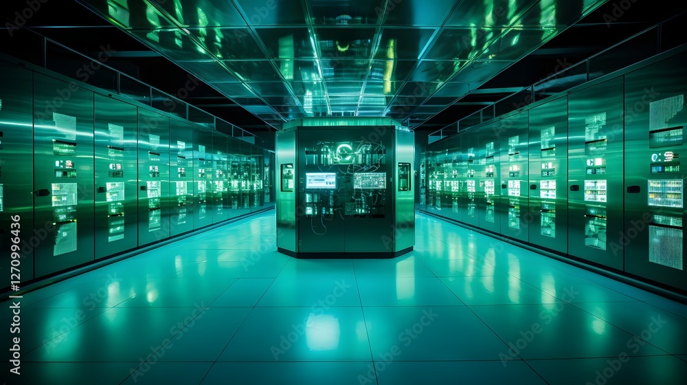 Poster glowing neon control panel of a high tech nuclear power plant with futuristic electronic interfaces 