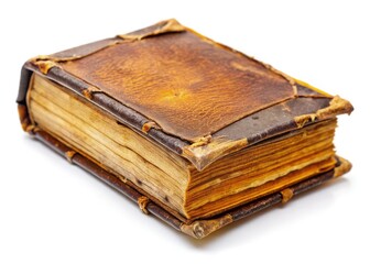 Close-up macro shot showcases the weathered texture of an antique book isolated on a pure white background.