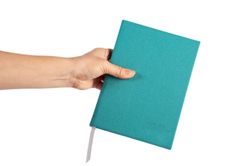 Blank blue book cover in hand on transparent background.