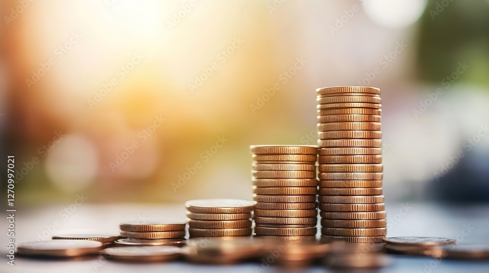 Poster stacks of shiny gold coins rise confidently against a softly lit background representing wealth and 