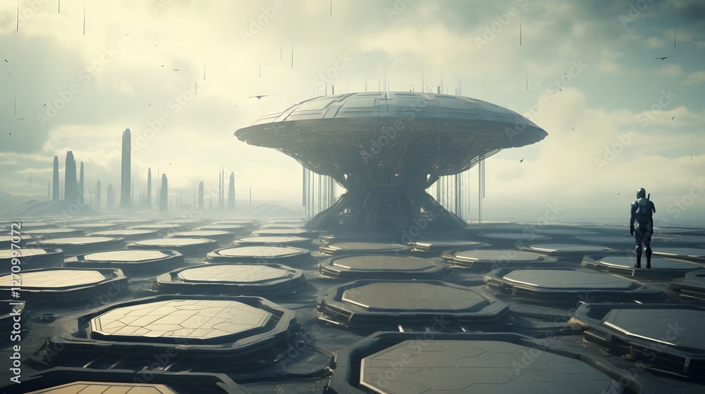 Poster vast and expansive desert landscape covered in a futuristic solar panel array generating clean renew
