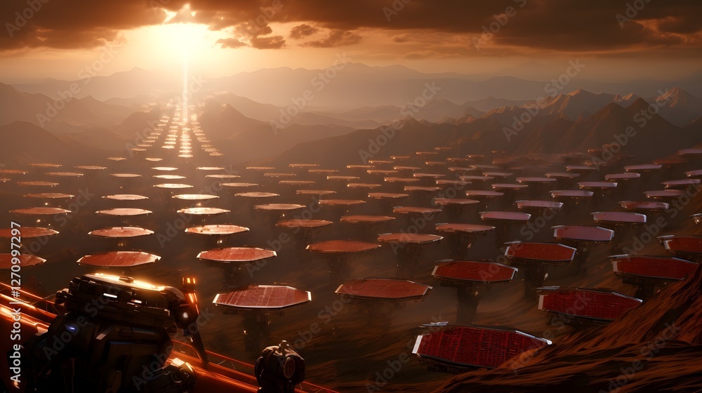 Poster futuristic solar farm with autonomous robots efficiently cleaning and maintaining the solar panels s