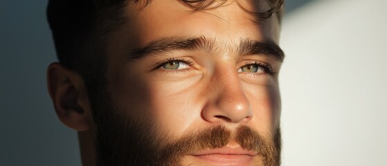 Obraz premium Close-up portrait of a young man's face. he has a full beard and mustache, and his eyes are looking off to the side with a thoughtful expression.