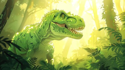 A vibrant illustration of a green dinosaur in a lush, sunlit forest.